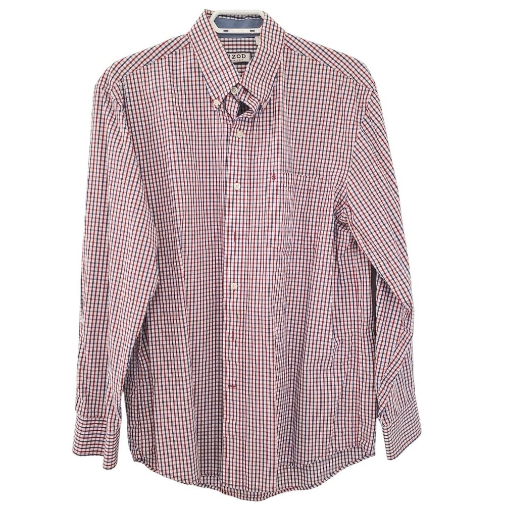 Izod Mens Red/Blue Checked Long Sleeve Button-Down Shirt Size M